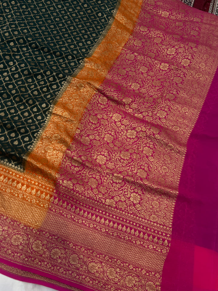 Bottle Green Pure Khaddi Georgette Banarasi Sari | Zari Jaal