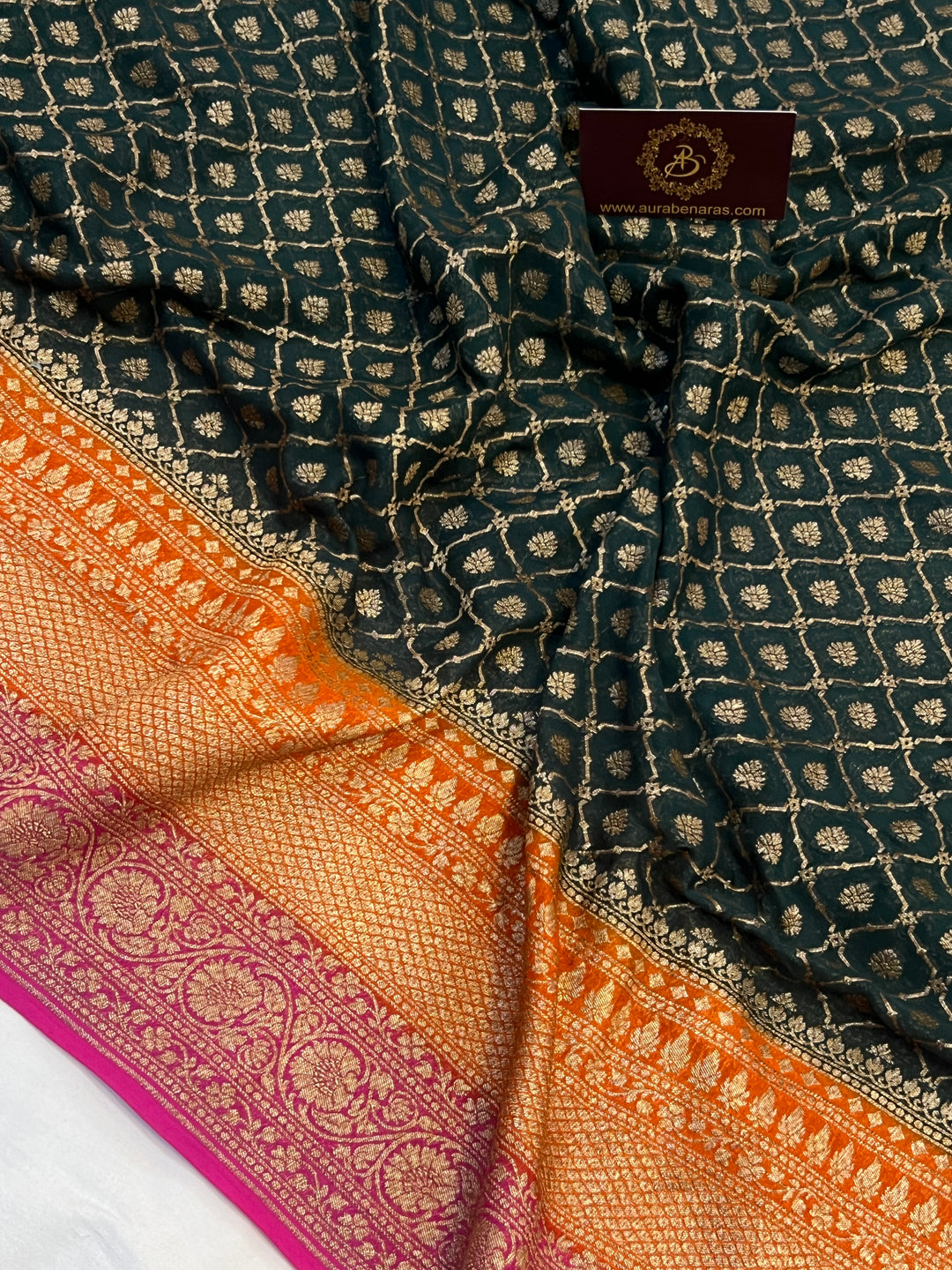 Bottle Green Pure Khaddi Georgette Banarasi Sari | Zari Jaal