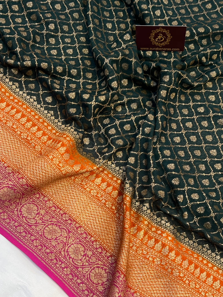 Bottle Green Pure Khaddi Georgette Banarasi Sari | Zari Jaal