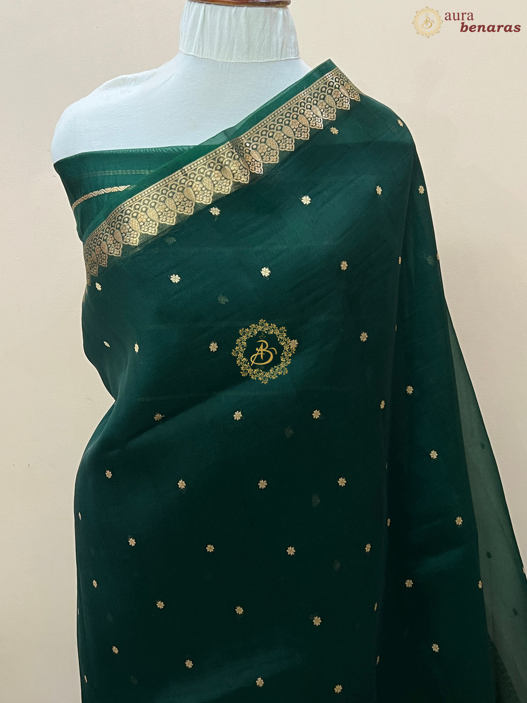 Bottle Green Pure Kora Silk Handloom Banarasi Saree