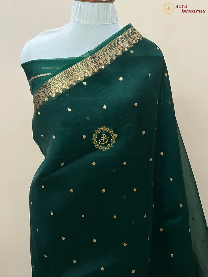 Bottle Green Pure Kora Silk Handloom Banarasi Saree