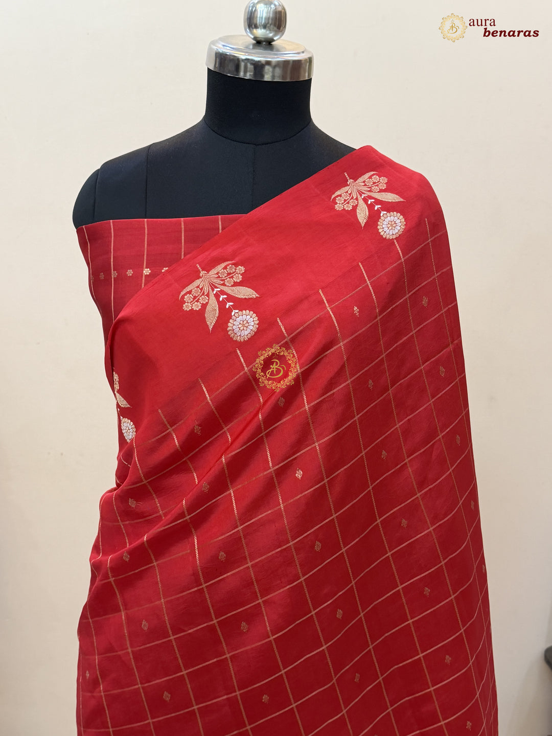  Red Banarasi Silk Saree Zari Checks Kadhwa Border