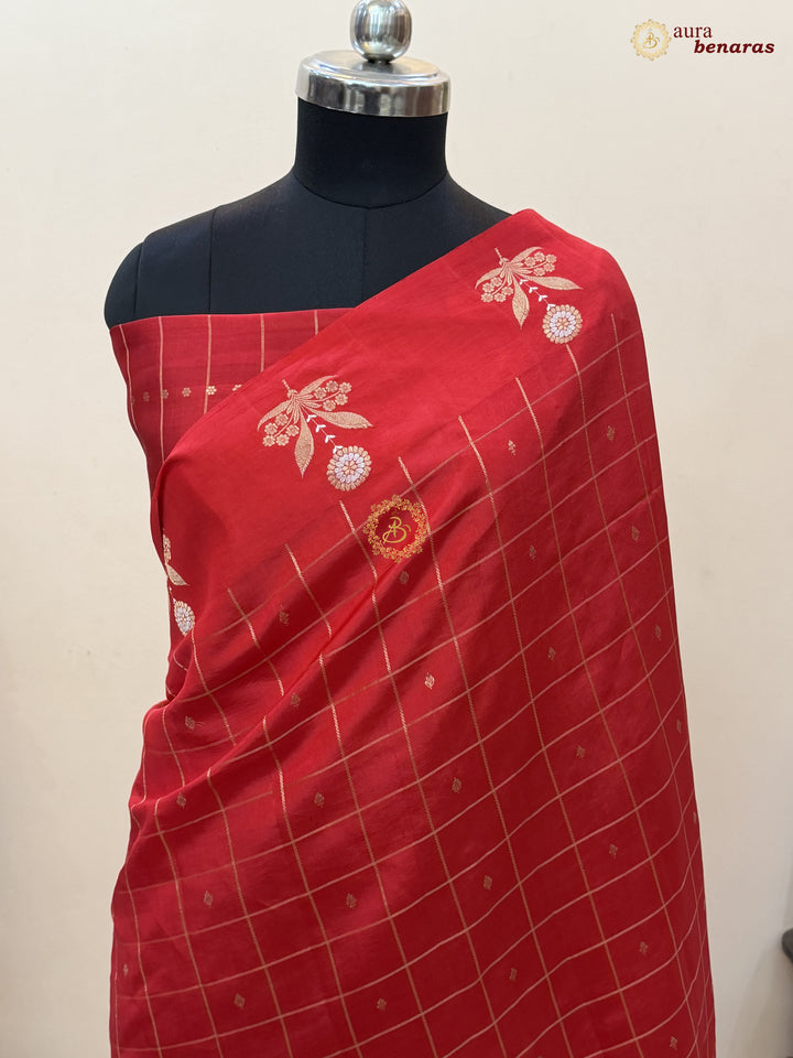  Red Banarasi Silk Saree Zari Checks Kadhwa Border