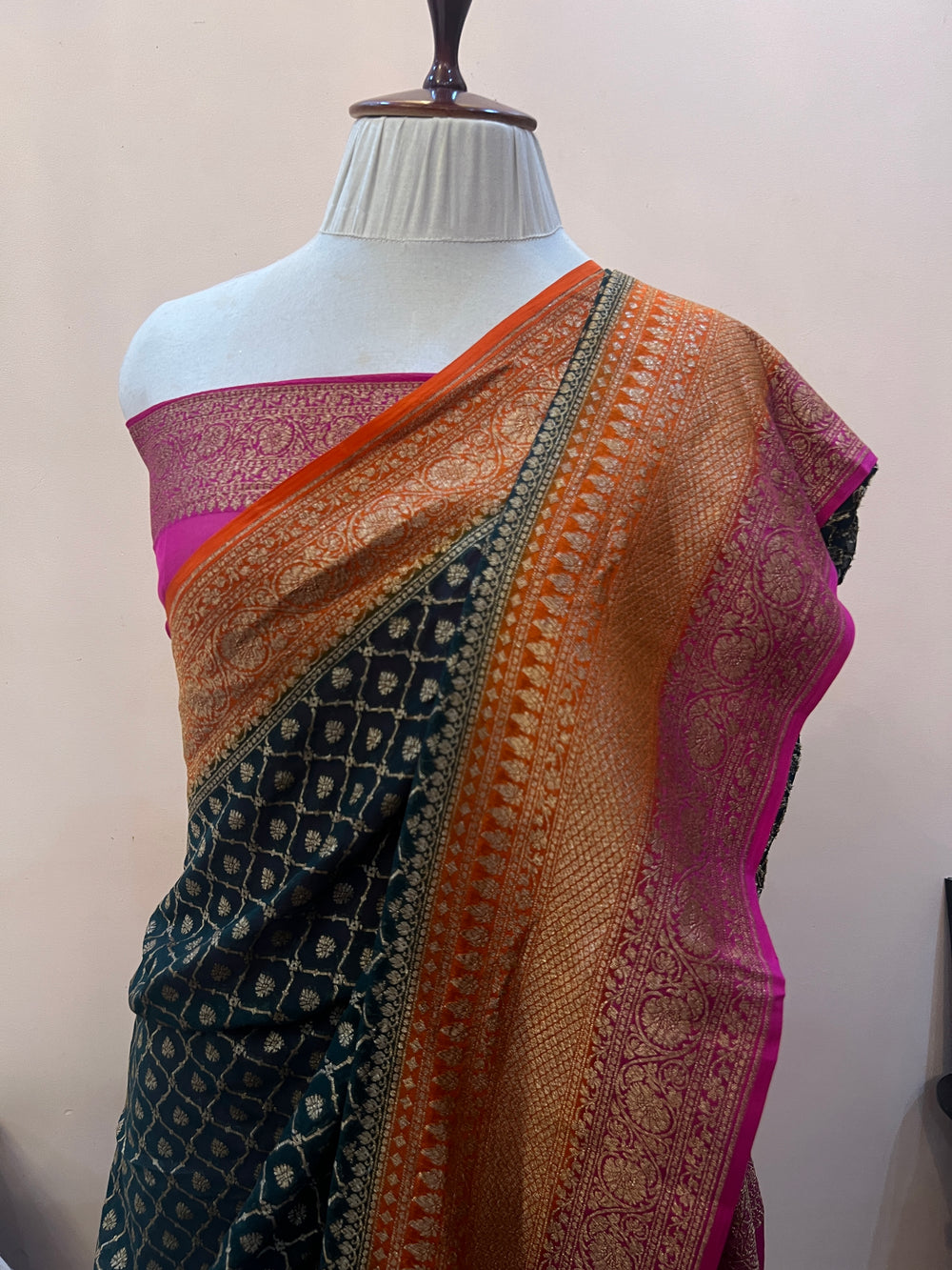 Bottle Green Pure Khaddi Georgette Banarasi Sari | Zari Jaal