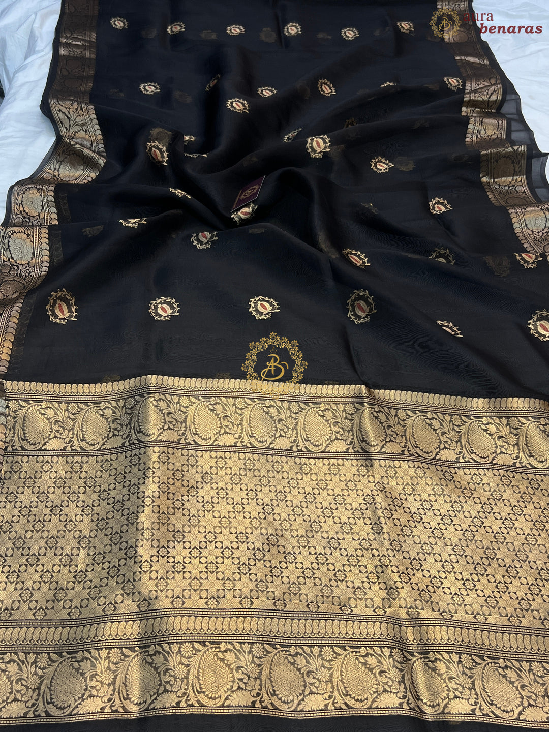 Black Pure Kora Silk Handloom Banarasi Saree