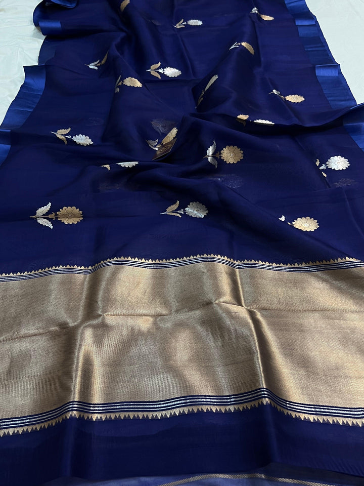 Navy Blue Banarasi Handloom Kora Silk Saree - Aura Benaras