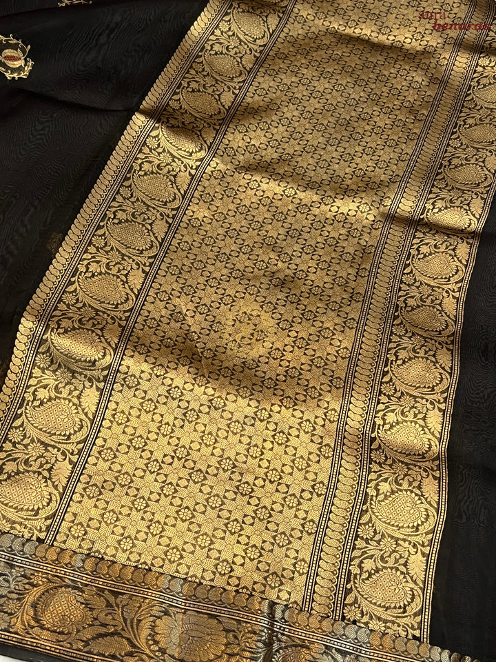 Black Pure Kora Silk Handloom Banarasi Saree