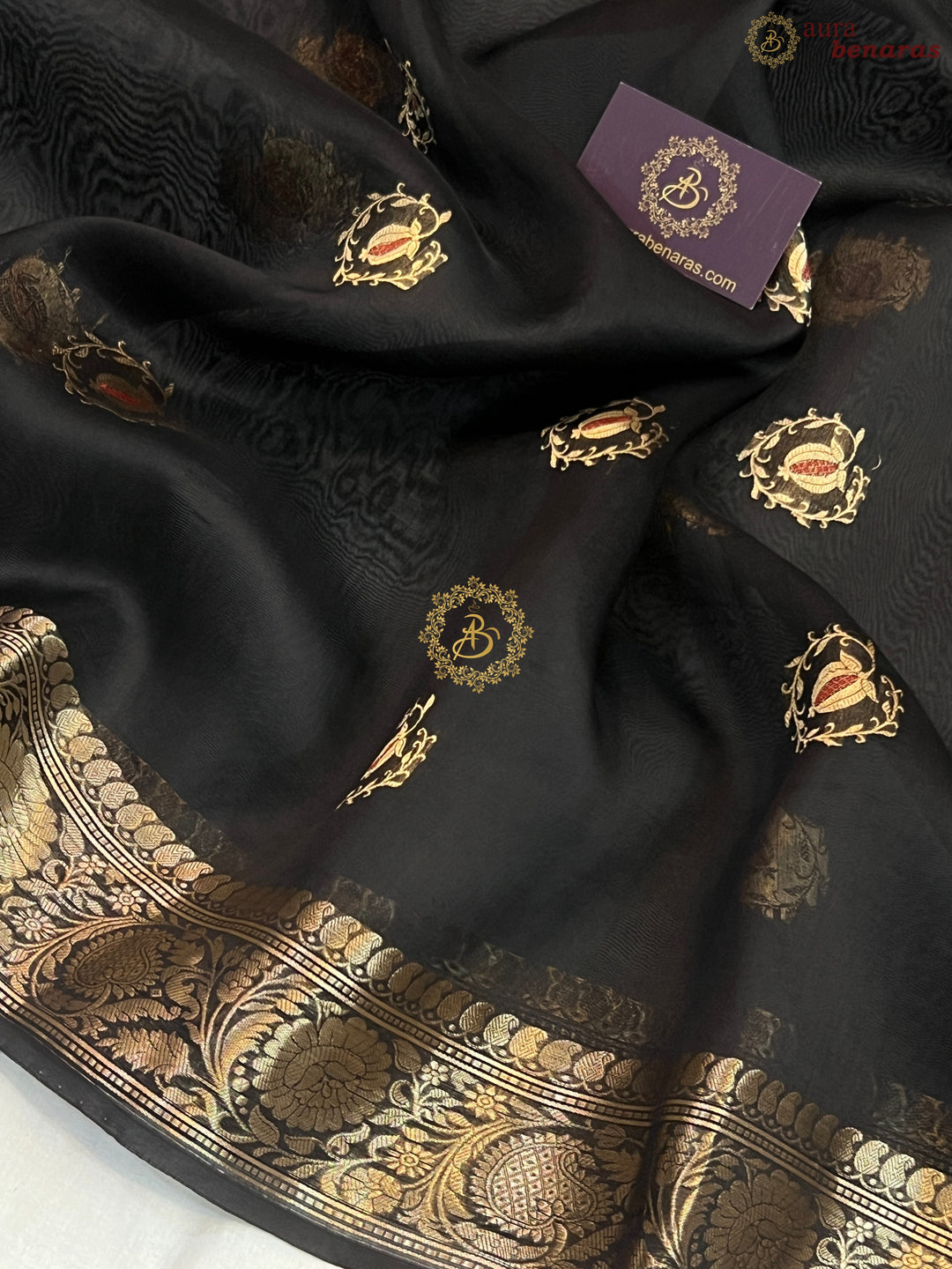 Black Pure Kora Silk Handloom Banarasi Saree