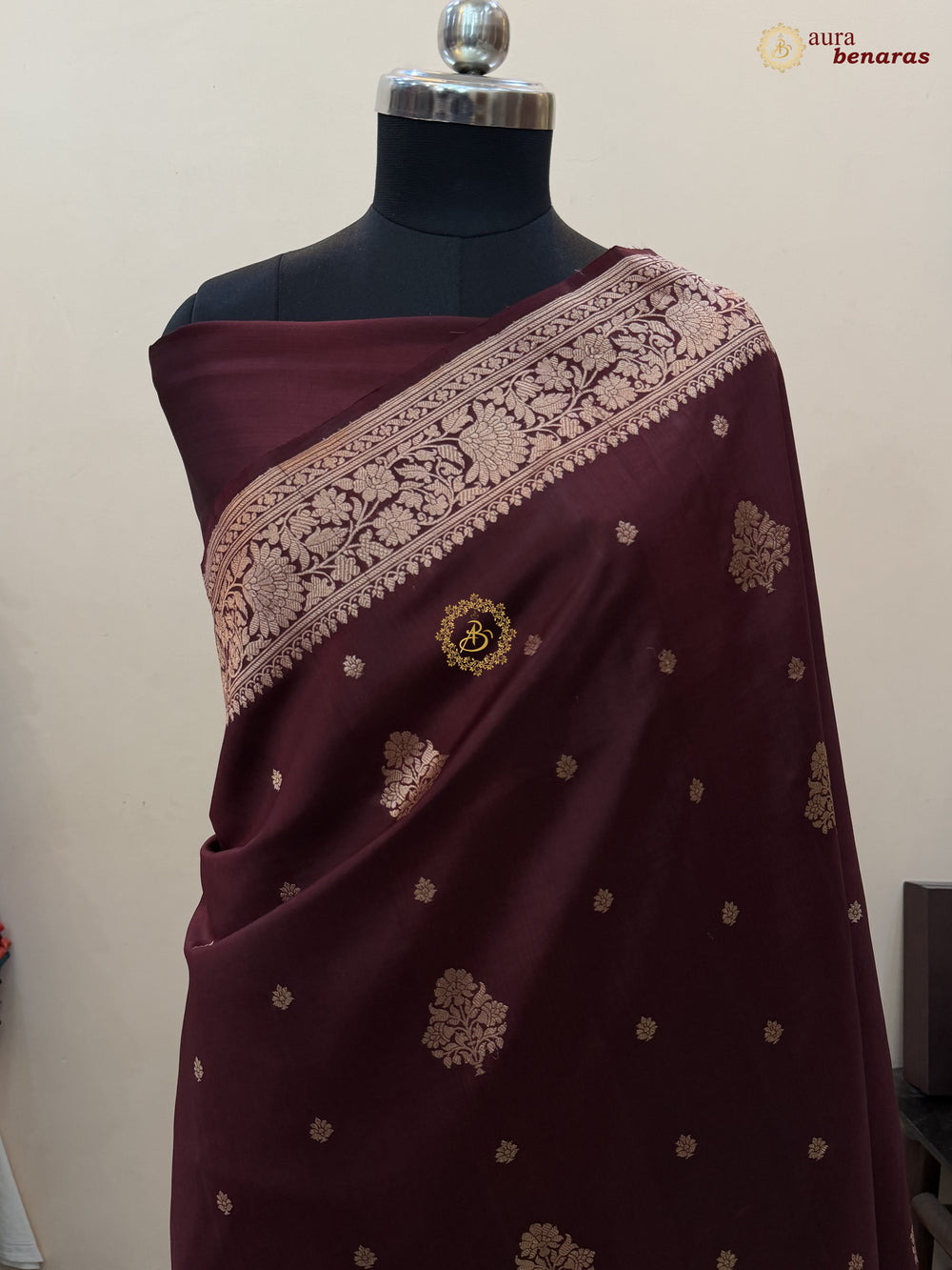 Buy Brown Pure Silk Banarasi Saree – GOLDEN Zari & Mashru Border 