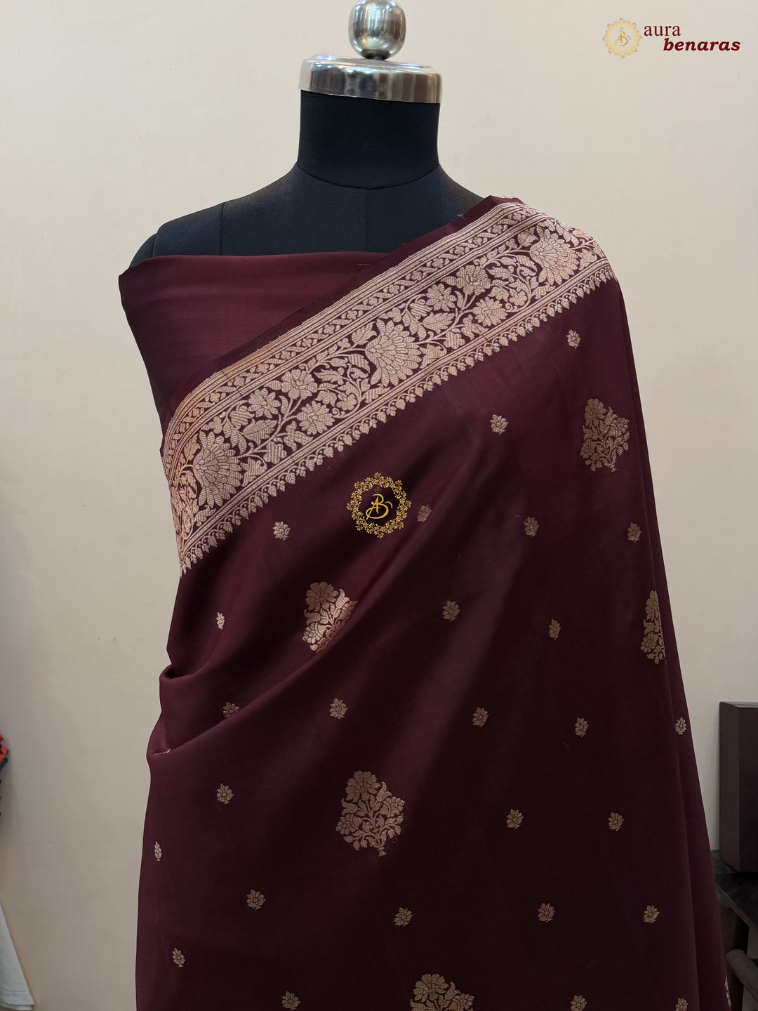 Buy Brown Pure Silk Banarasi Saree – GOLDEN Zari & Mashru Border 