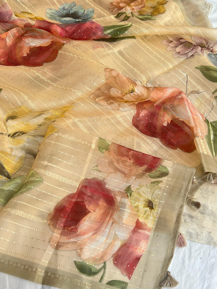 Peach Banarasi Handloom Kora Silk Saree - Aura Benaras