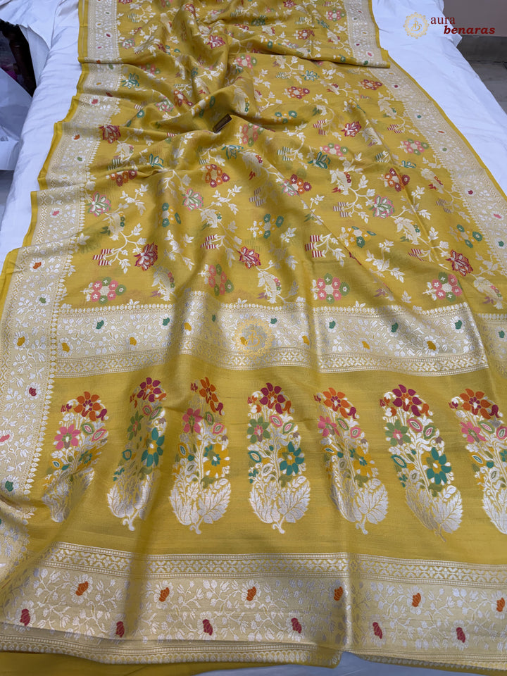  Yellow Tussar Georgette Banarasi Saree with Tilfi Meenakari