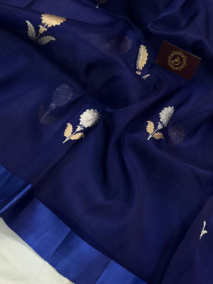 Navy Blue Banarasi Handloom Kora Silk Saree - Aura Benaras