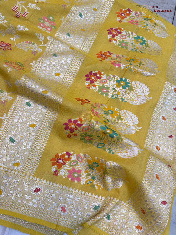  Yellow Tussar Georgette Banarasi Saree with Tilfi Meenakari