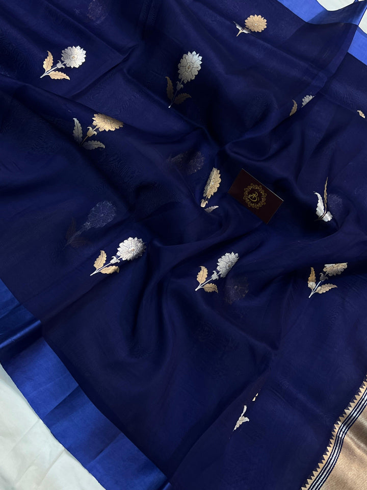 Navy Blue Banarasi Handloom Kora Silk Saree - Aura Benaras