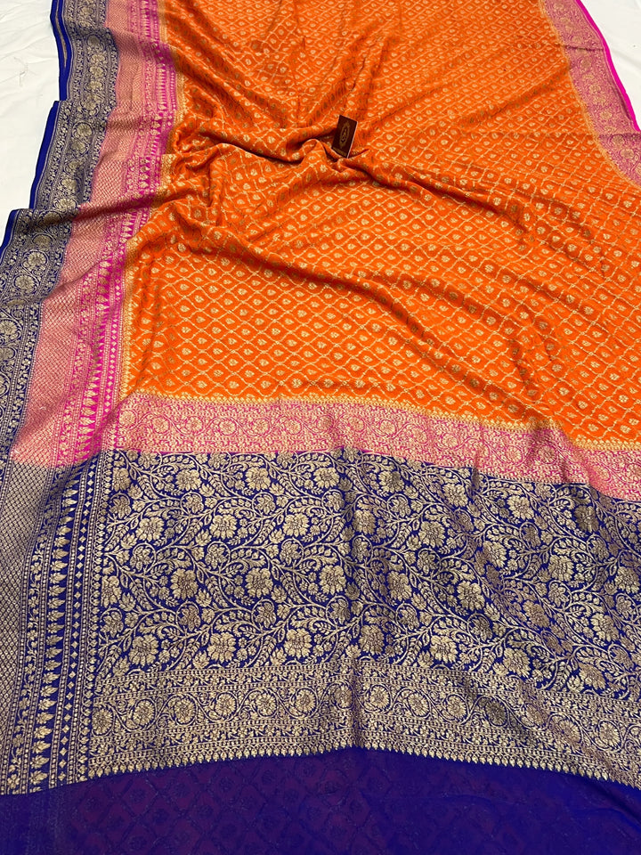 Orange Pure Khaddi Georgette Banarasi Saree | Zari Jaal