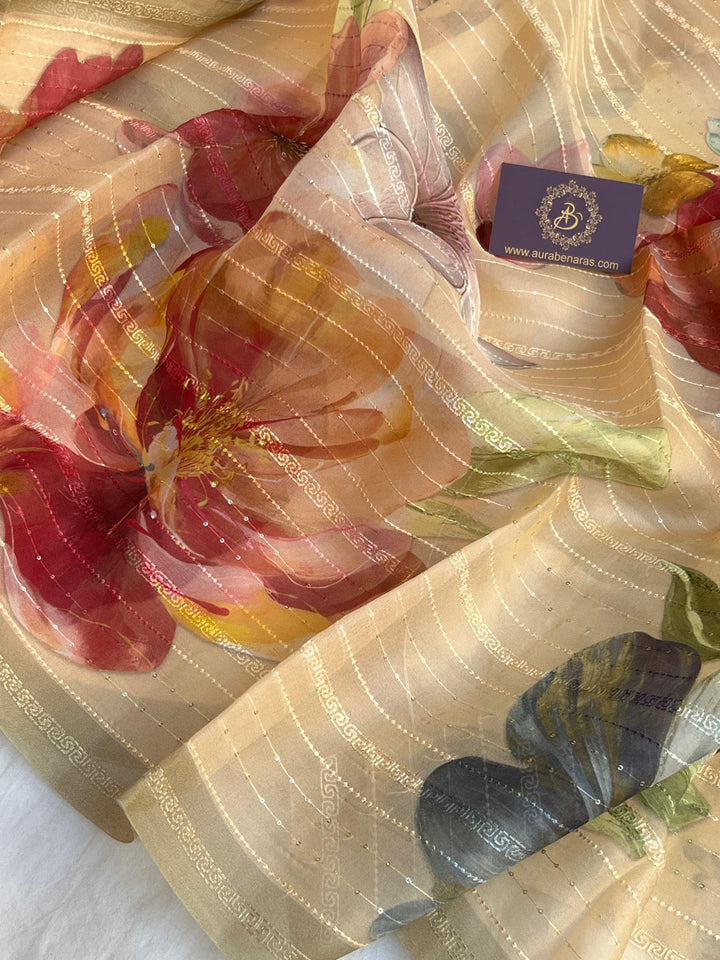 Peach Banarasi Handloom Kora Silk Saree - Aura Benaras