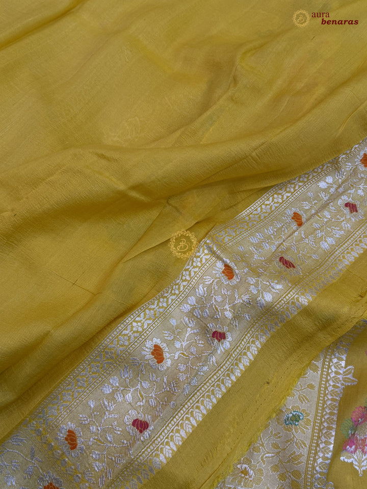  Yellow Tussar Georgette Banarasi Saree with Tilfi Meenakari
