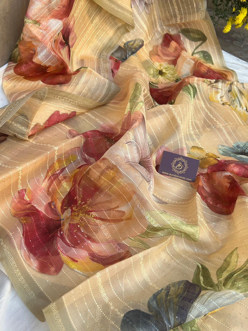 Peach Banarasi Handloom Kora Silk Saree - Aura Benaras