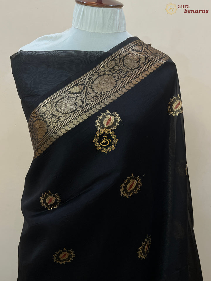 Black Pure Kora Silk Handloom Banarasi Saree