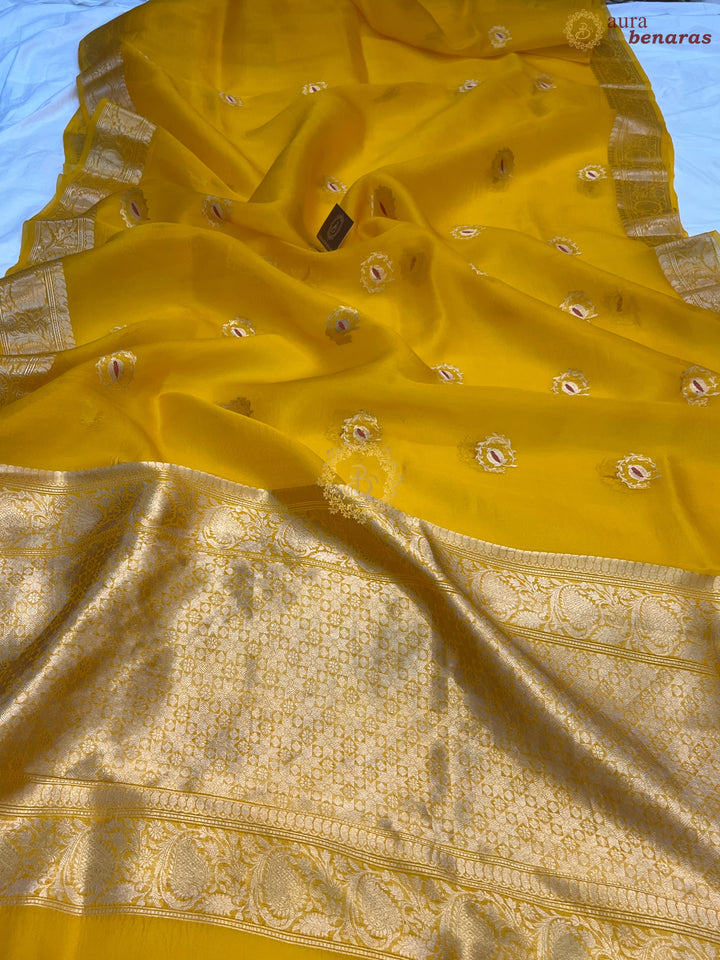 Yellow Pure Kora Silk Handloom Banarasi Saree