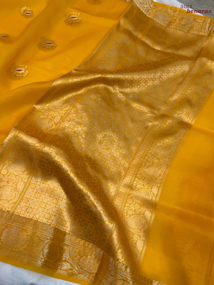 Yellow Pure Kora Silk Handloom Banarasi Saree
