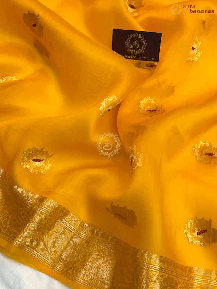 Yellow Pure Kora Silk Handloom Banarasi Saree