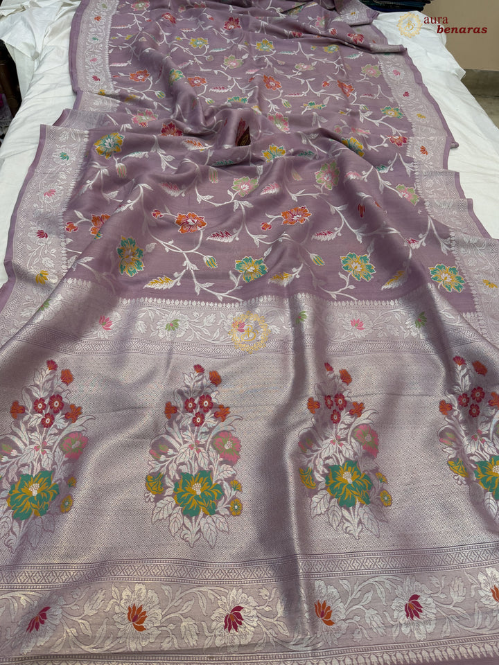  Dusty Lavender Tussar Georgette Banarasi Saree with Tilfi Meenakari