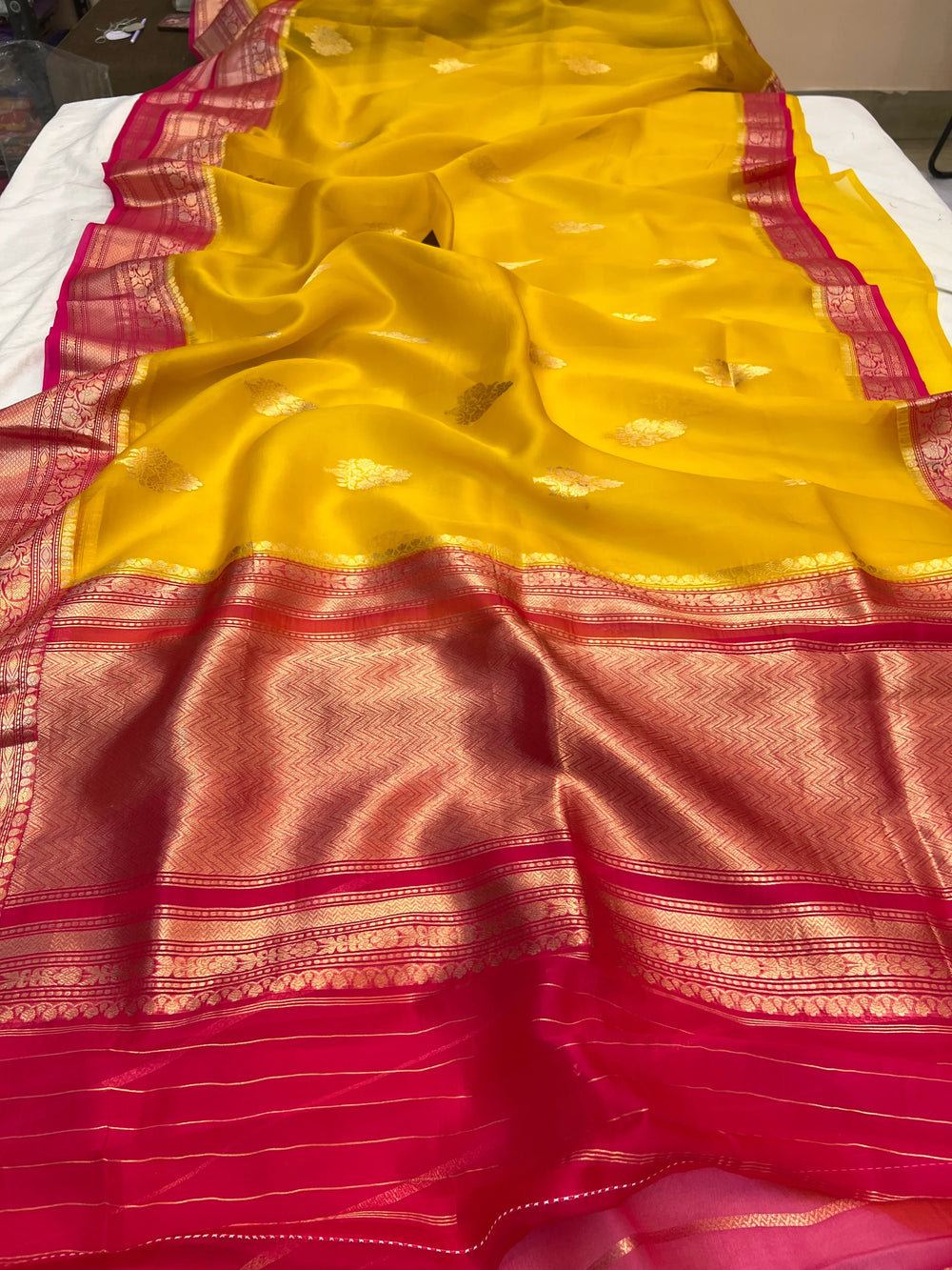 Yellow Pure Kora Silk Banarasi Saree with Zari Butis & Border
