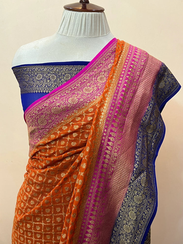 Orange Pure Khaddi Georgette Banarasi Saree | Zari Jaal