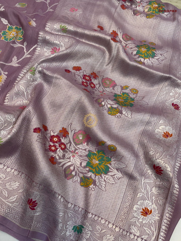  Dusty Lavender Tussar Georgette Banarasi Saree with Tilfi Meenakari