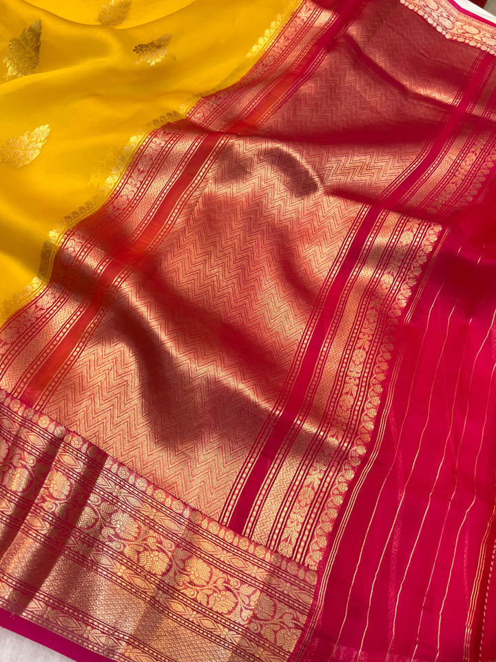 Yellow Pure Kora Silk Banarasi Saree with Zari Butis & Border