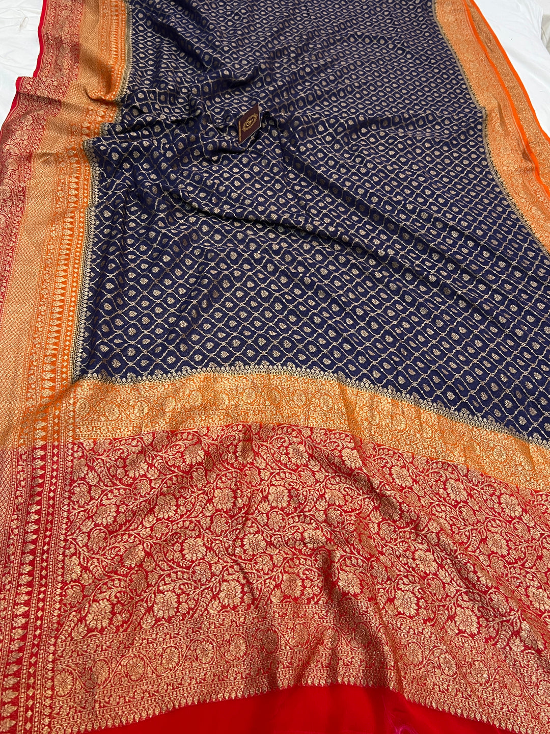 Navy Blue Pure Khaddi Georgette Handloom Banarasi Saree