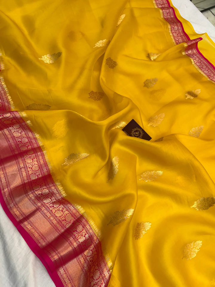 Yellow Pure Kora Silk Banarasi Saree with Zari Butis & Border
