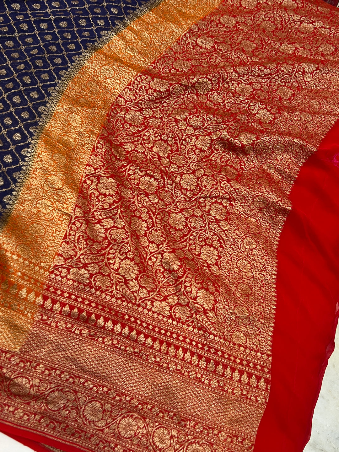 Navy Blue Pure Khaddi Georgette Handloom Banarasi Saree