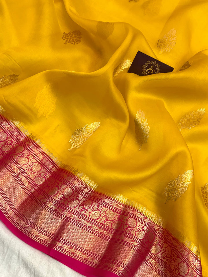 Yellow Pure Kora Silk Banarasi Saree with Zari Butis & Border