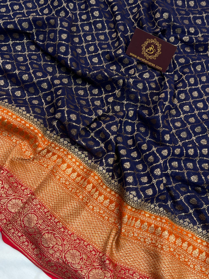 Navy Blue Pure Khaddi Georgette Handloom Banarasi Saree