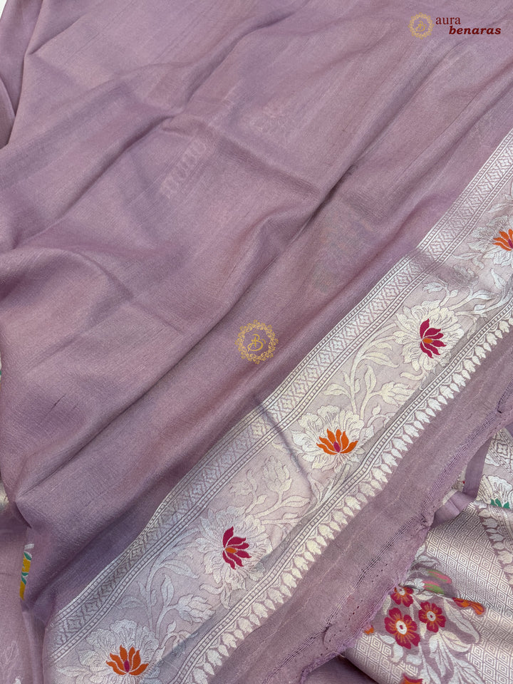  Dusty Lavender Tussar Georgette Banarasi Saree with Tilfi Meenakari