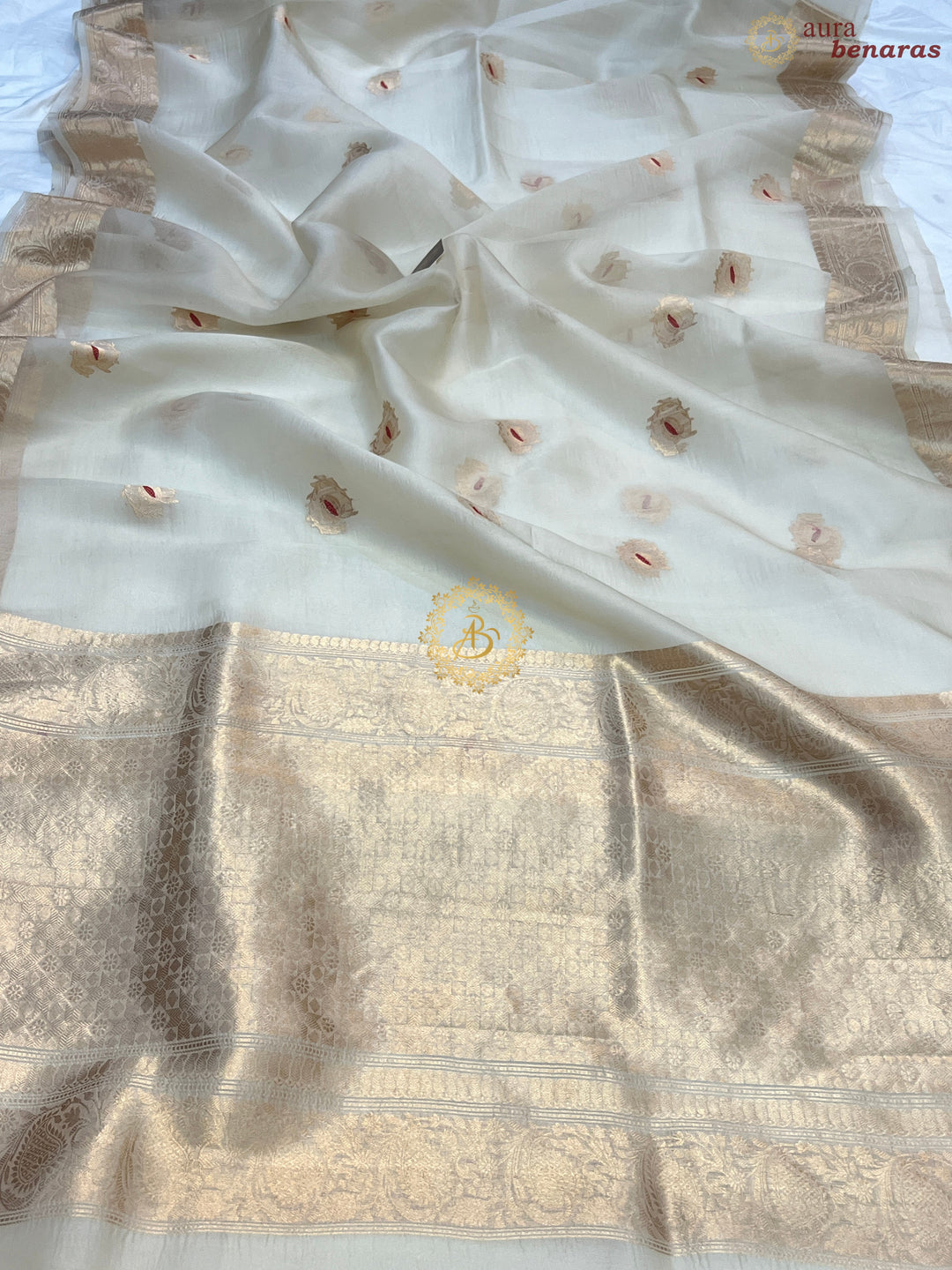 Cream Pure Kora Silk Handloom Banarasi Saree