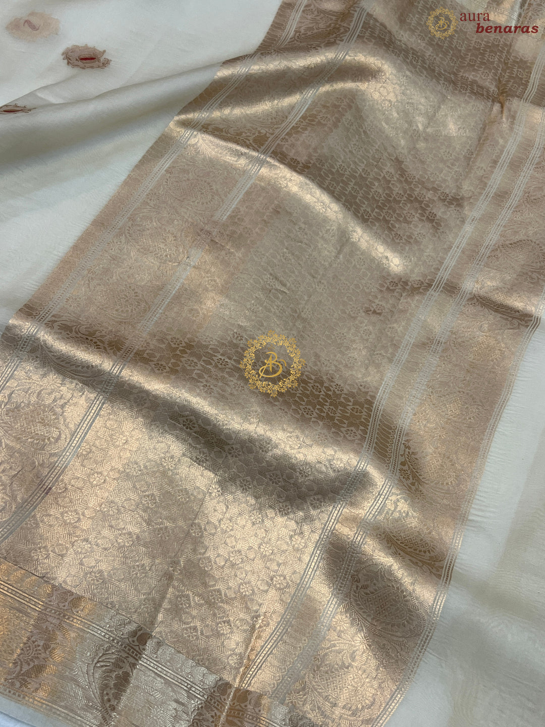 Cream Pure Kora Silk Handloom Banarasi Saree
