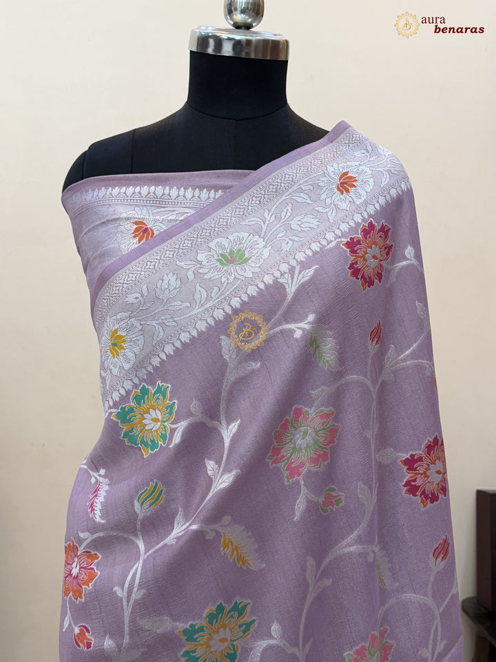  Dusty Lavender Tussar Georgette Banarasi Saree with Tilfi Meenakari