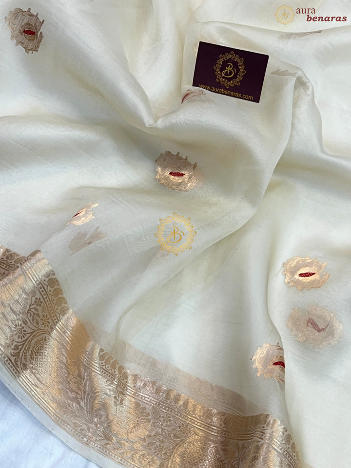 Cream Pure Kora Silk Handloom Banarasi Saree