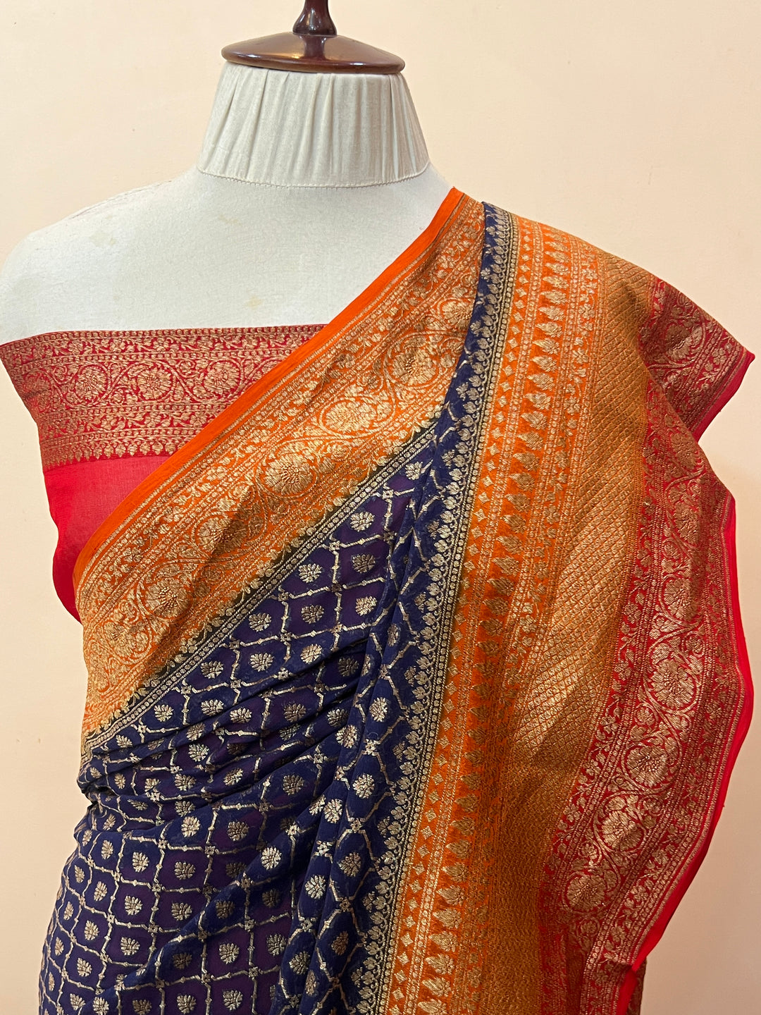 Navy Blue Pure Khaddi Georgette Handloom Banarasi Saree