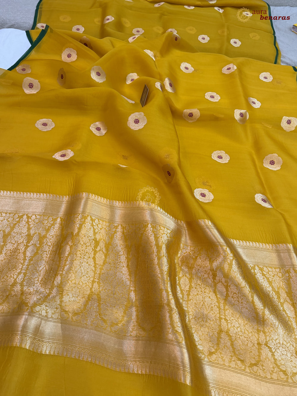 Mustared Yellow Pure Kora Silk Saree with Kadhwa Floral Butas & Meenakari