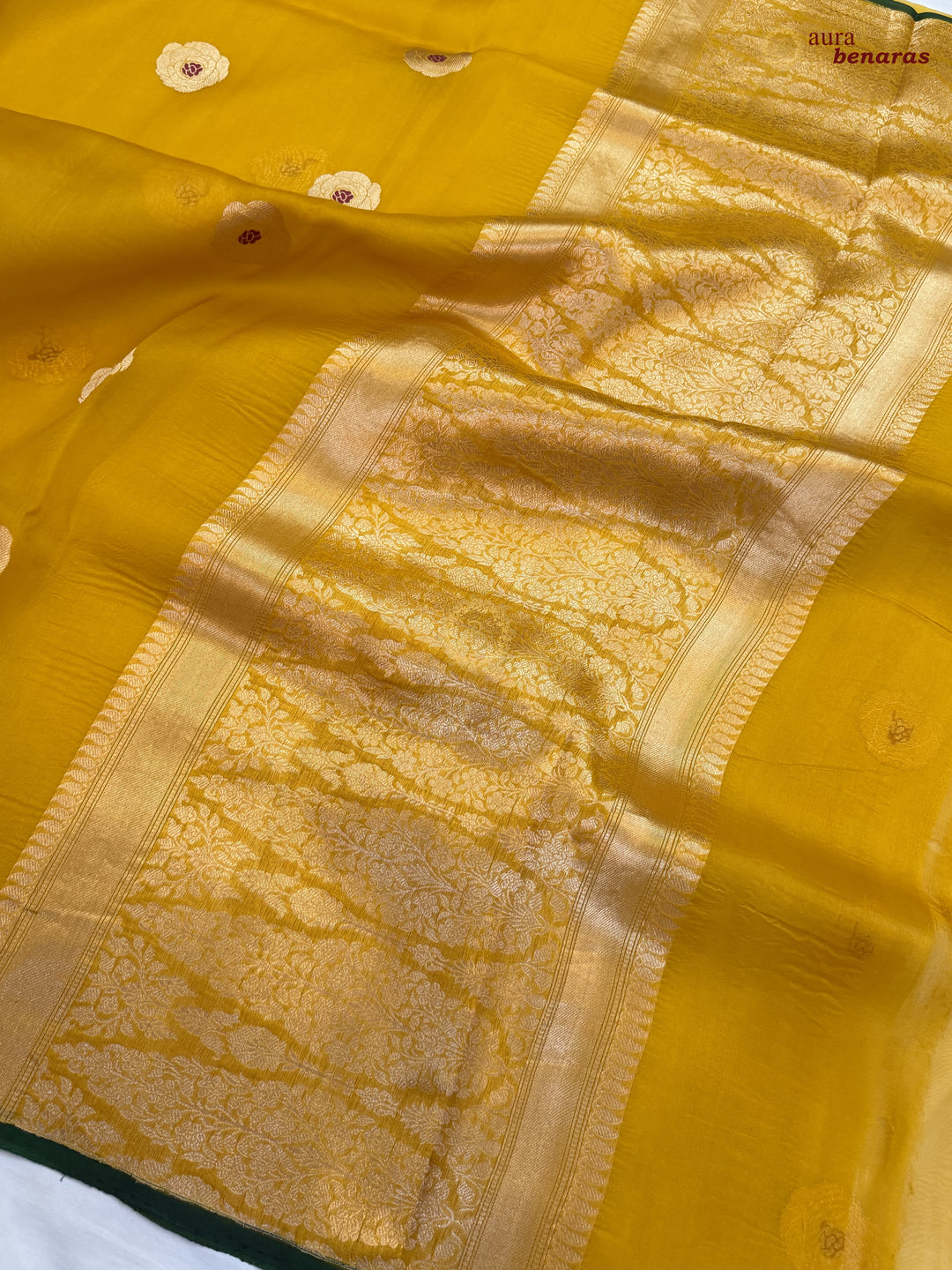 Mustared Yellow Pure Kora Silk Saree with Kadhwa Floral Butas & Meenakari