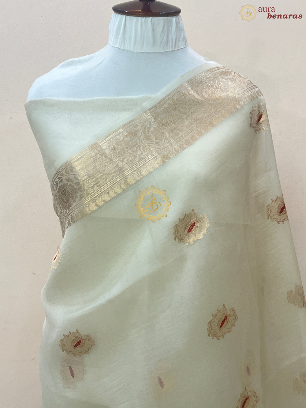 Cream Pure Kora Silk Handloom Banarasi Saree