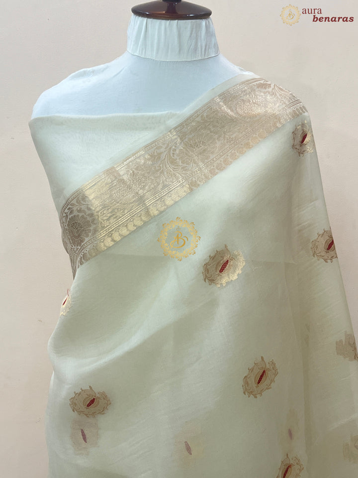 Cream Pure Kora Silk Handloom Banarasi Saree