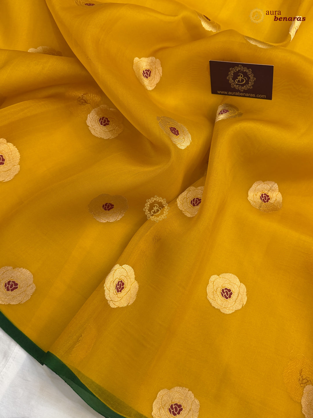 Mustared Yellow Pure Kora Silk Saree with Kadhwa Floral Butas & Meenakari