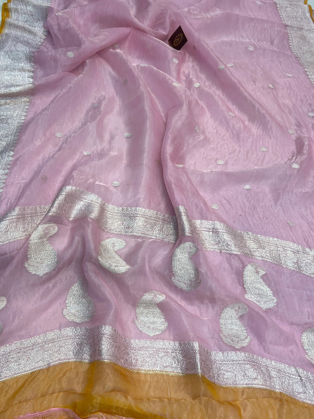 Baby Pink Pure Banarasi Crush Tissue Silk Saree - Aura Benaras