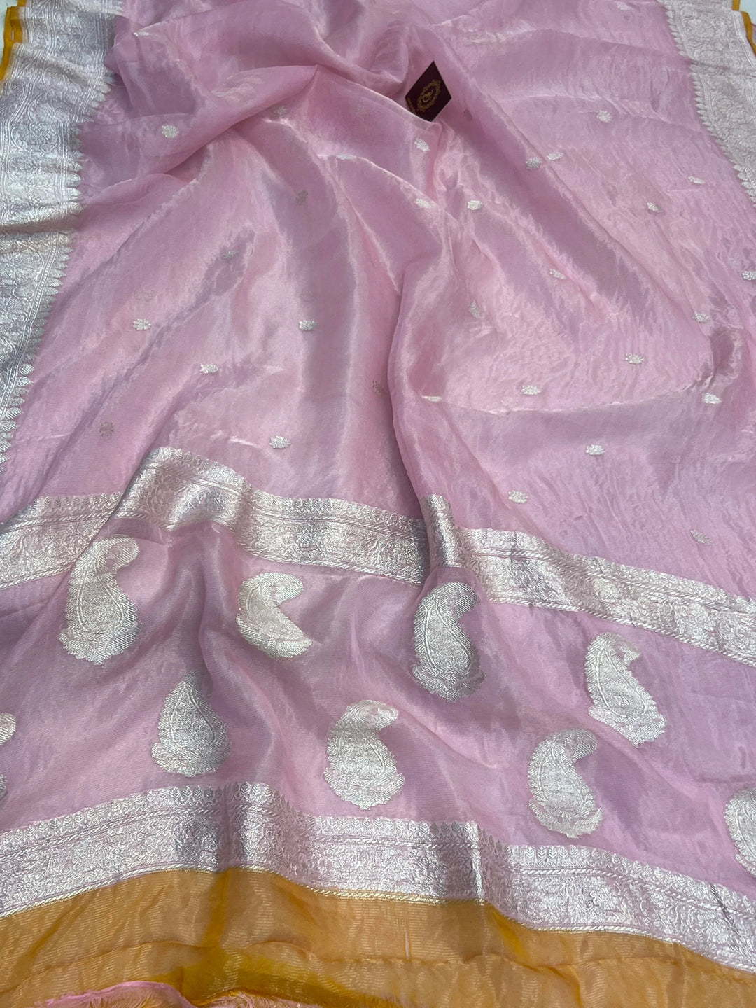 Baby Pink Pure Banarasi Crush Tissue Silk Saree - Aura Benaras